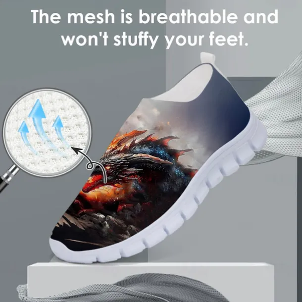 Men's Dragon Print Flyknit Sneakers - Lightweight Athletic Shoes for Running, Gym and Casual Wear