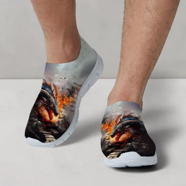 Men's Dragon Print Flyknit Sneakers - Lightweight Athletic Shoes for Running, Gym and Casual Wear