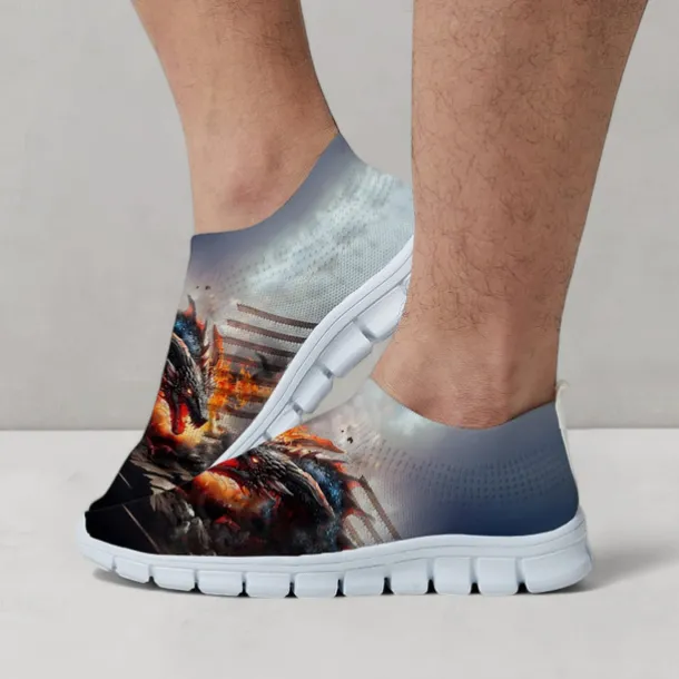 Men's Dragon Print Flyknit Sneakers - Lightweight Athletic Shoes for Running, Gym and Casual Wear