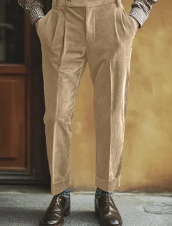 Men's Dress Pants Corduroy Pants Trousers Pleated Pants Gurkha Pants Pocket Plain Comfort Soft Full Length Party Business Daily Fashion Streetwear Light Khaki Black