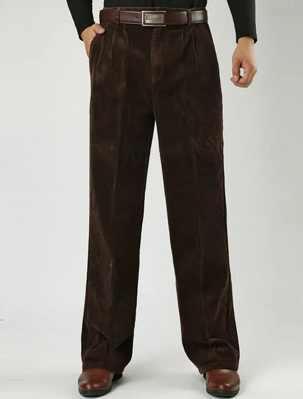 Men's Dress Pants Corduroy Pants Trousers Straight Leg Plain Comfort Daily Classic Style Dark Khaki Black Micro-elastic