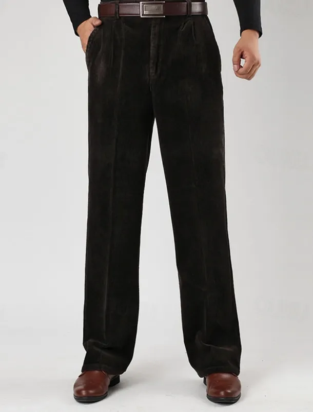 Men's Dress Pants Corduroy Pants Trousers Straight Leg Plain Comfort Daily Classic Style Dark Khaki Black Micro-elastic