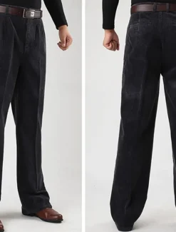 Men's Dress Pants Corduroy Pants Trousers Straight Leg Plain Comfort Daily Classic Style Dark Khaki Black Micro-elastic