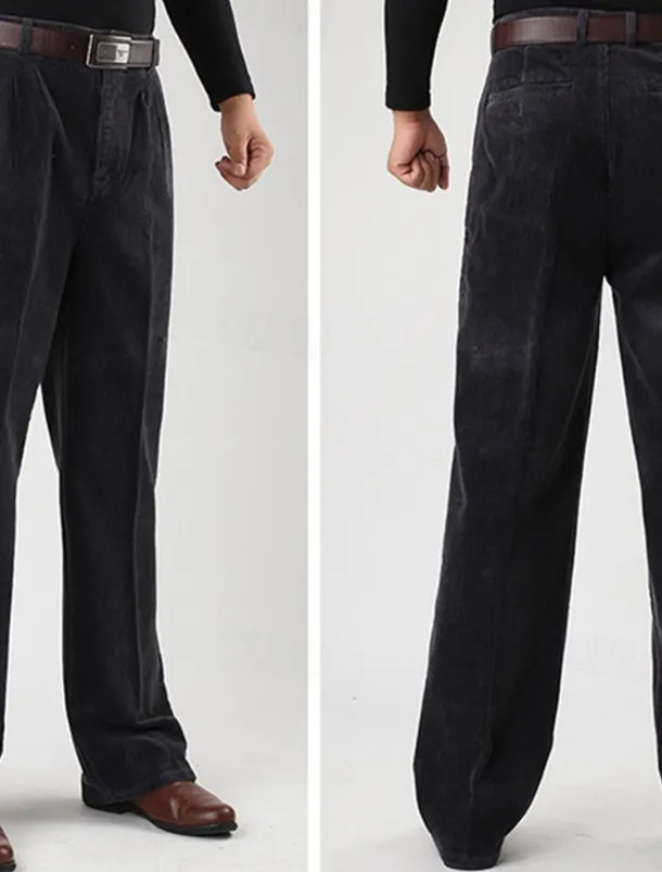 Men's Dress Pants Corduroy Pants Trousers Straight Leg Plain Comfort Daily Classic Style Dark Khaki Black Micro-elastic