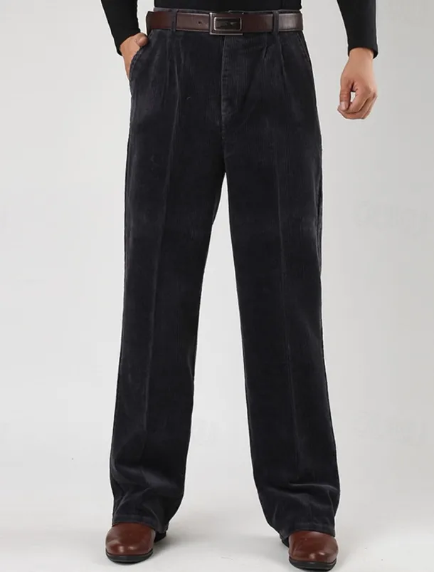 Men's Dress Pants Corduroy Pants Trousers Straight Leg Plain Comfort Daily Classic Style Dark Khaki Black Micro-elastic