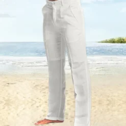 Men's Dress Pants Linen Pants Trousers Summer Pants Beach Pants Straight Leg Plain Comfort Outdoor Casual Daily Streetwear Stylish Black White