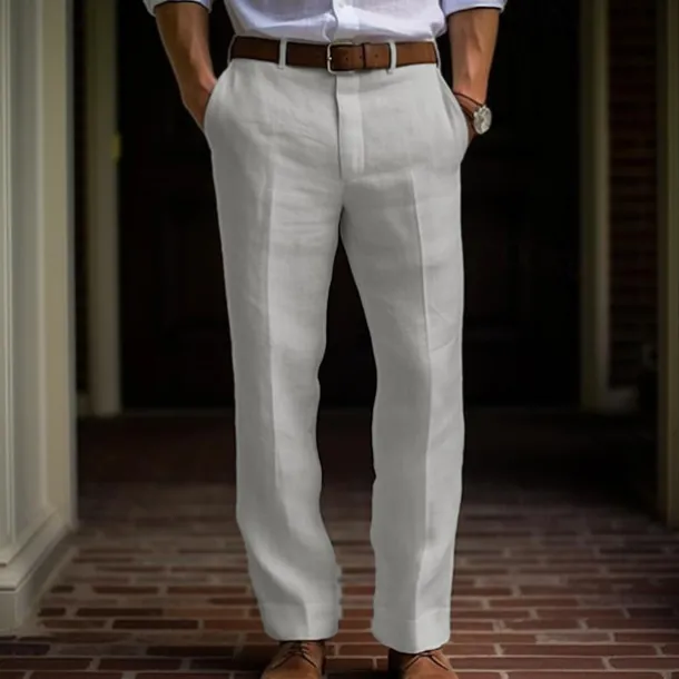 Men's Dress Pants Linen Pants Trousers Summer Pants Buttons Front Pocket Straight Leg Plain Comfort Breathable Casual Daily Holiday Fashion Basic Black White