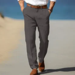 Men's Dress Pants Linen Pants Trousers Summer Pants Beach Pants Front Pocket Straight Leg Plain Comfort Breathable Formal Business Holiday Fashion Basic Black White