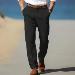 Men's Dress Pants Linen Pants Trousers Summer Pants Beach Pants Front Pocket Straight Leg Plain Comfort Breathable Formal Business Holiday Fashion Basic Black White
