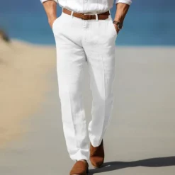 Men's Dress Pants Linen Pants Trousers Summer Pants Beach Pants Front Pocket Straight Leg Plain Comfort Breathable Formal Business Holiday Fashion Basic Black White
