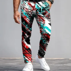 Men's Dress Pants Trousers Suit Pants Slim Fit Pants with Pockets Geometric Abstract Art Full Length Outdoor Casual Red Blue Micro-elastic