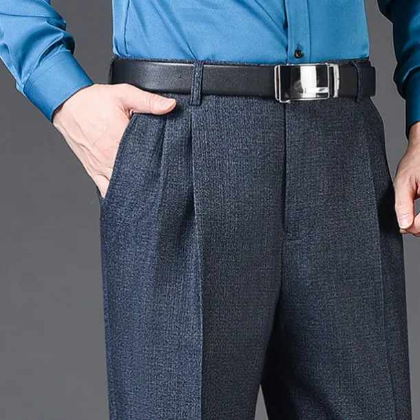 Men's Dress Pants Trousers Slacks Pleated Pants Pocket Pleats Straight Leg Plain Breathable Soft Wedding Office Business Chic & Modern Classic Azure Black+Grey High Waist Micro-elastic