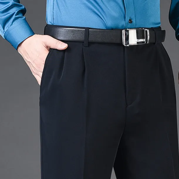 Men's Dress Pants Trousers Slacks Pleated Pants Pocket Pleats Straight Leg Plain Breathable Soft Wedding Office Business Chic & Modern Classic Azure Black+Grey High Waist Micro-elastic