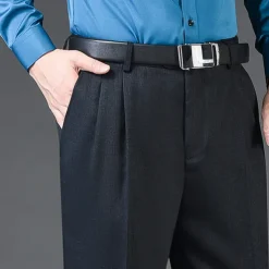 Men's Dress Pants Trousers Slacks Pleated Pants Pocket Pleats Straight Leg Plain Breathable Soft Wedding Office Business Chic & Modern Classic Azure Black+Grey High Waist Micro-elastic