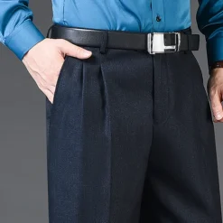Men's Dress Pants Trousers Slacks Pleated Pants Pocket Pleats Straight Leg Plain Breathable Soft Wedding Office Business Chic & Modern Classic Azure Black+Grey High Waist Micro-elastic