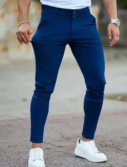 Men's Dress Pants Trousers Chinos Buttons Pocket Plain Comfort Formal Party Work Fashion Classic Style Black Blue Micro-elastic