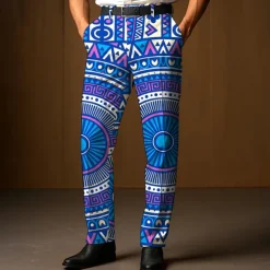 Men's Dress Pants Trousers Suit Pants Geometric Ethnic Full Length Outdoor Casual Retro Vintage Dark Green Dark Blue Micro-elastic