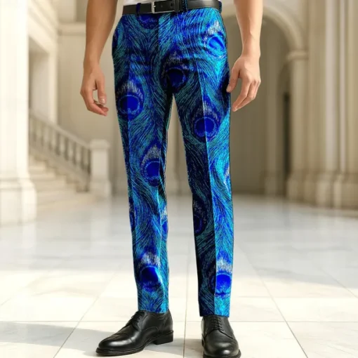 Men's Dress Pants Trousers Casual Pants Suit Pants Peacock Feather Full Length Vacation Party Retro Vintage Blue Green Micro-elastic