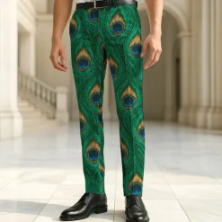 Men's Dress Pants Trousers Casual Pants Suit Pants Peacock Feather Full Length Vacation Party Retro Vintage Blue Green Micro-elastic