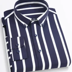 Men's Dress Shirt Button Down Shirt Non Iron Shirt Striped Shirt Stretch Stripe Wedding Office & Career Black White Yellow Dark Navy Long Sleeve Shirt Collar All Seasons Clothing Apparel Print