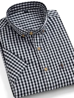 Men's Dress Shirt Button Down Shirt Stripes and Plaid Wedding Office & Career Black Red Dark Navy Blue Short Sleeve Turndown Spring & Summer Clothing Apparel