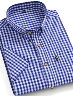 Men's Dress Shirt Button Down Shirt Stripes and Plaid Wedding Office & Career Black Red Dark Navy Blue Short Sleeve Turndown Spring & Summer Clothing Apparel