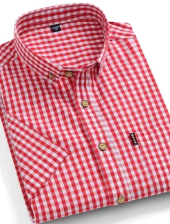Men's Dress Shirt Button Down Shirt Stripes and Plaid Wedding Office & Career Black Red Dark Navy Blue Short Sleeve Turndown Spring & Summer Clothing Apparel