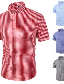 Men's Dress Shirt Button Down Shirt Stripes and Plaid Wedding Office & Career Black Red Dark Navy Blue Short Sleeve Turndown Spring & Summer Clothing Apparel