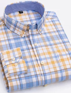 Men's Dress Shirt Button Down Shirt Non Iron Shirt Oxford Shirt Stripes and Plaid Wedding Vacation Light Yellow Denim Blue White Yellow Long Sleeve Turndown All Seasons Clothing Apparel Button-Down