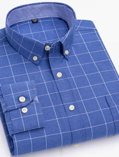 Men's Dress Shirt Button Down Shirt Non Iron Shirt Oxford Shirt Stripes and Plaid Wedding Vacation Light Yellow Denim Blue White Yellow Long Sleeve Turndown All Seasons Clothing Apparel Button-Down