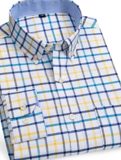 Men's Dress Shirt Button Down Shirt Non Iron Shirt Oxford Shirt Stripes and Plaid Wedding Vacation Light Yellow Denim Blue White Yellow Long Sleeve Turndown All Seasons Clothing Apparel Button-Down