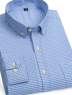 Men's Dress Shirt Button Down Shirt Non Iron Shirt Oxford Shirt Stripes and Plaid Wedding Vacation Light Yellow Denim Blue White Yellow Long Sleeve Turndown All Seasons Clothing Apparel Button-Down