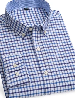 Men's Dress Shirt Button Down Shirt Non Iron Shirt Oxford Shirt Stripes and Plaid Wedding Vacation Light Yellow Denim Blue White Yellow Long Sleeve Turndown All Seasons Clothing Apparel Button-Down