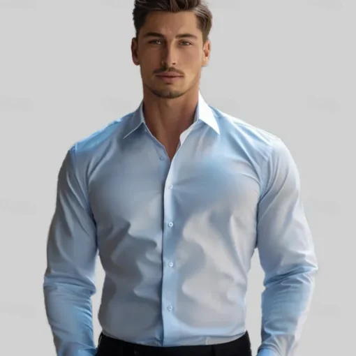 Men's Dress Shirt Button Up Shirt Solid Color School Formal Light Blue Long Sleeve Turndown All Seasons Clothing Apparel