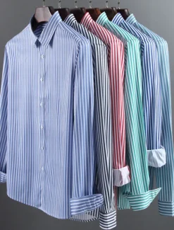 Men's Dress Shirt Non Iron Shirt Stripe Wedding Vacation Black Light Green Red Royal Blue Long Sleeve Turndown All Seasons Clothing Apparel Button-Down