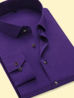 Men's Dress Shirt Non Iron Shirt Collared Shirt Button Up Shirt Plain Wedding Party Black Navy Blue Purple Gray Long Sleeve Collar Spring & Fall Clothing Apparel