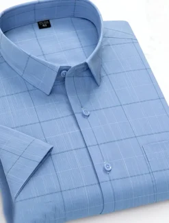 Men's Dress Shirt Non Iron Shirt Stripes and Plaid Wedding Office & Career Light Blue Light Green Pink Navy Blue Short Sleeve Turndown All Seasons Clothing Apparel