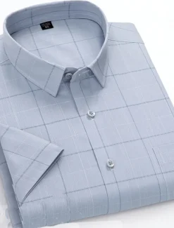 Men's Dress Shirt Non Iron Shirt Stripes and Plaid Wedding Office & Career Light Blue Light Green Pink Navy Blue Short Sleeve Turndown All Seasons Clothing Apparel