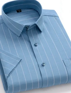 Men's Dress Shirt Non Iron Shirt Stripes and Plaid Wedding Office & Career Light Blue Light Green Pink Navy Blue Short Sleeve Turndown All Seasons Clothing Apparel