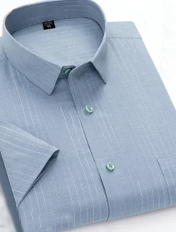 Men's Dress Shirt Non Iron Shirt Stripes and Plaid Wedding Office & Career Light Blue Light Green Pink Navy Blue Short Sleeve Turndown All Seasons Clothing Apparel