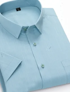 Men's Dress Shirt Non Iron Shirt Stripes and Plaid Wedding Office & Career Light Blue Light Green Pink Navy Blue Short Sleeve Turndown All Seasons Clothing Apparel