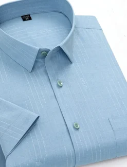 Men's Dress Shirt Non Iron Shirt Stripes and Plaid Wedding Office & Career Light Blue Light Green Pink Navy Blue Short Sleeve Turndown All Seasons Clothing Apparel