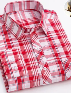 Men's Dress Shirt Plaid Wedding Office / Career Light Yellow Light Blue Black Wine Long Sleeve Turndown Spring & Fall Clothing Apparel Front Pocket