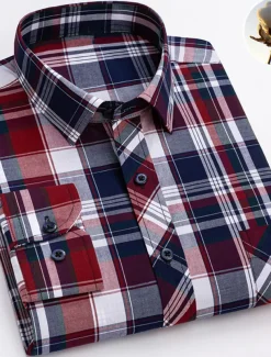 Men's Dress Shirt Plaid Wedding Office / Career Light Yellow Light Blue Black Wine Long Sleeve Turndown Spring & Fall Clothing Apparel Front Pocket