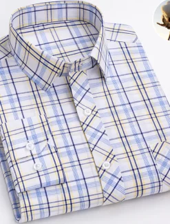 Men's Dress Shirt Plaid Wedding Office / Career Light Yellow Light Blue Black Wine Long Sleeve Turndown Spring & Fall Clothing Apparel Front Pocket
