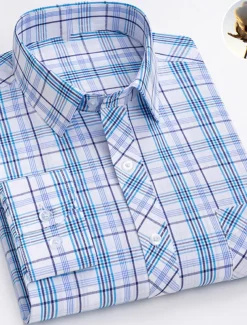 Men's Dress Shirt Plaid Wedding Office / Career Light Yellow Light Blue Black Wine Long Sleeve Turndown Spring & Fall Clothing Apparel Front Pocket