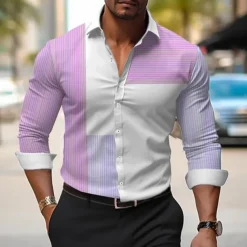 Men's Dress Shirt Printed Shirts Stripe Outdoor Wear to work Violet Fuchsia Green Long Sleeve Turndown Spring & Summer Clothing Apparel Print