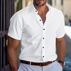 Men's Dress Shirt Stretch Plain Business / Ceremony / Wedding Black White Pink Navy Blue Short Sleeve Collar Summer Spring Clothing Apparel