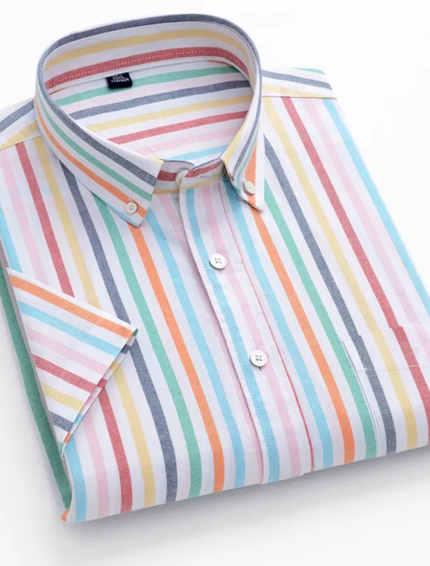 Men's Dress Shirt Striped Shirt Button Down Shirt Oxford Shirt Stripe Wedding Office & Career Black Light Green Royal Blue Blue Short Sleeve Shirt Collar Summer Clothing Apparel Print