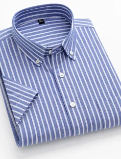 Men's Dress Shirt Striped Shirt Button Down Shirt Oxford Shirt Stripe Wedding Office & Career Black Light Green Royal Blue Blue Short Sleeve Shirt Collar Summer Clothing Apparel Print